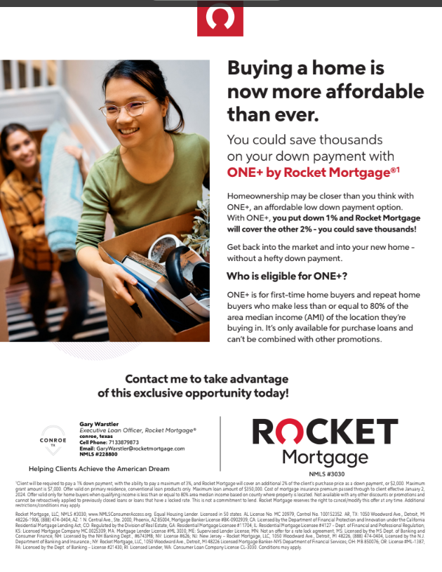 Gary Warstler Rocket Mortgage 1% Down Payment Red Hawk Property Team JLA Realty Houston TX Homes for Sale